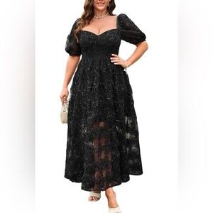 Women's Black 3D Lace Whimsygoth Midi Dress sz. 2XL Puff Sleeve Fairy Witchy